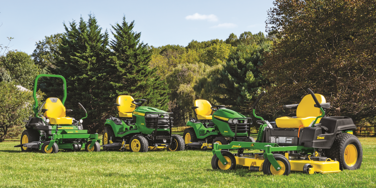 Lineup of the Select Series and the ZTrak Zero-Turn Mowers in a yard